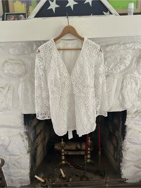 Anne Fontaine White Lace V-Neck Blouse